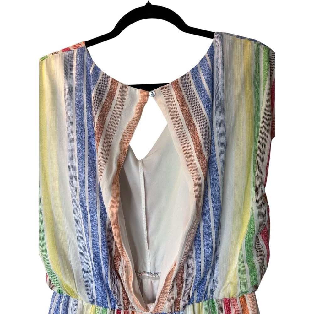 She + Sky Romper Size L Multicolor Rainbow Striped Short Sleeve Open Back V-Neck - Picture 6 of 11
